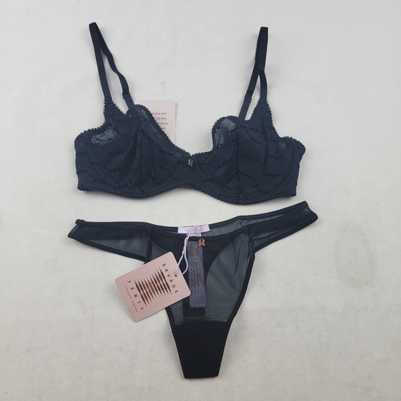 NWT Savage X Fenty By Rihanna logo mesh unlined bra and mesh thong in black - Picture 4 of 7